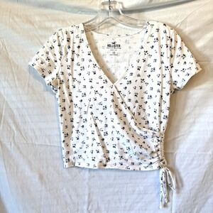 HOLLISTER Blue Floral Faux Wrap Cottagecore Y2K 90s Baby Tee Crop Top M